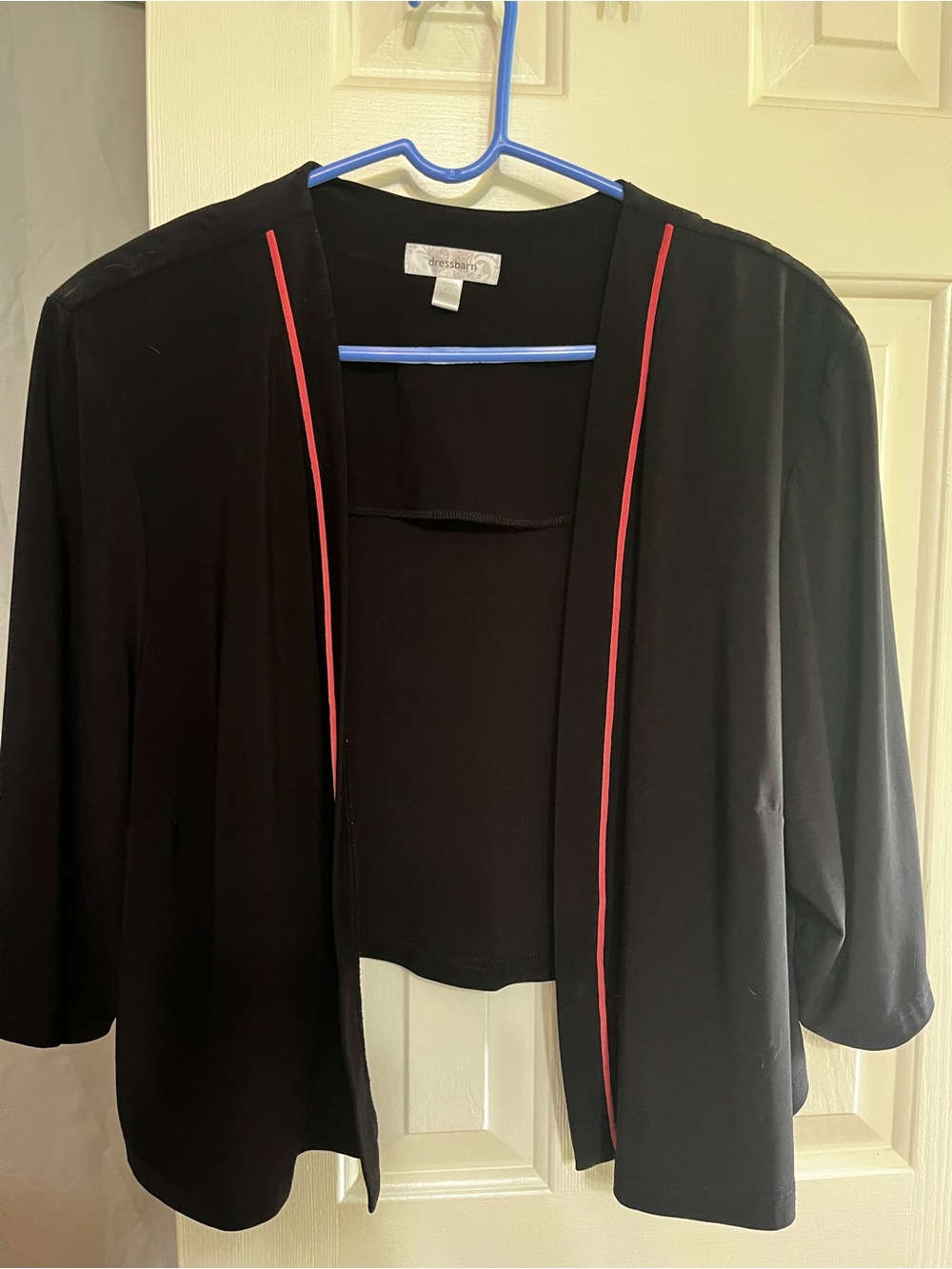 dressbarn Black Open Cardigan with Pink Trim